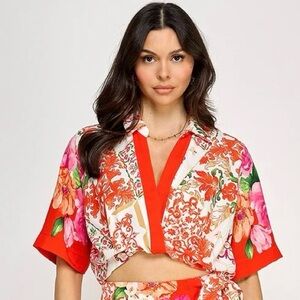 Lulumari Crop Top Floral Short Sleeves Deep V-Neck Size Medium‎ Women Tile Print